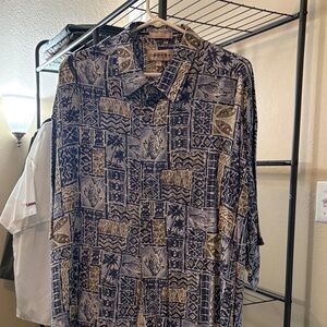 Tropical Print Men's Shirt - Navy and Khaki